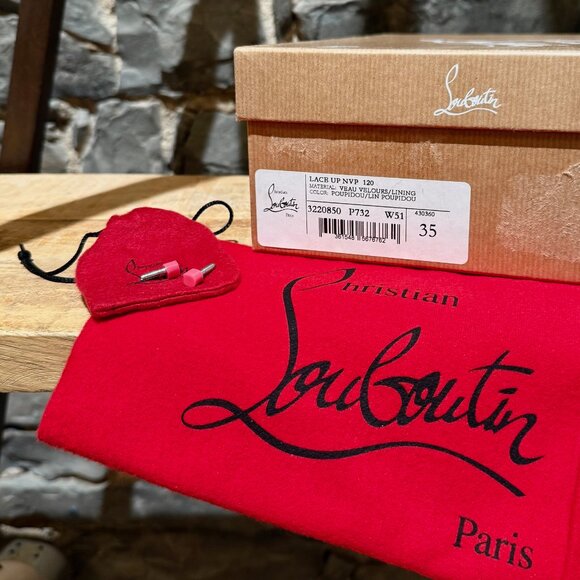 Christian Louboutin Hot Pink Suede Lace Up NVP 120 Peep Toe Pumps - Picture 12 of 12